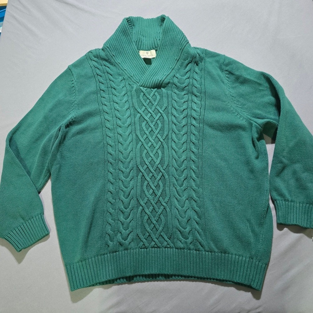 Oak Hill Shawl Collar Sweater Mens 2XL Green Cable Knit 100% Cotton Pullover